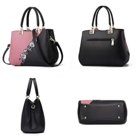 Handbag Embroidery Top Handle Satchel Fashion Shoulder Bag Tote Purse Black Pink - Picture 2 of 7